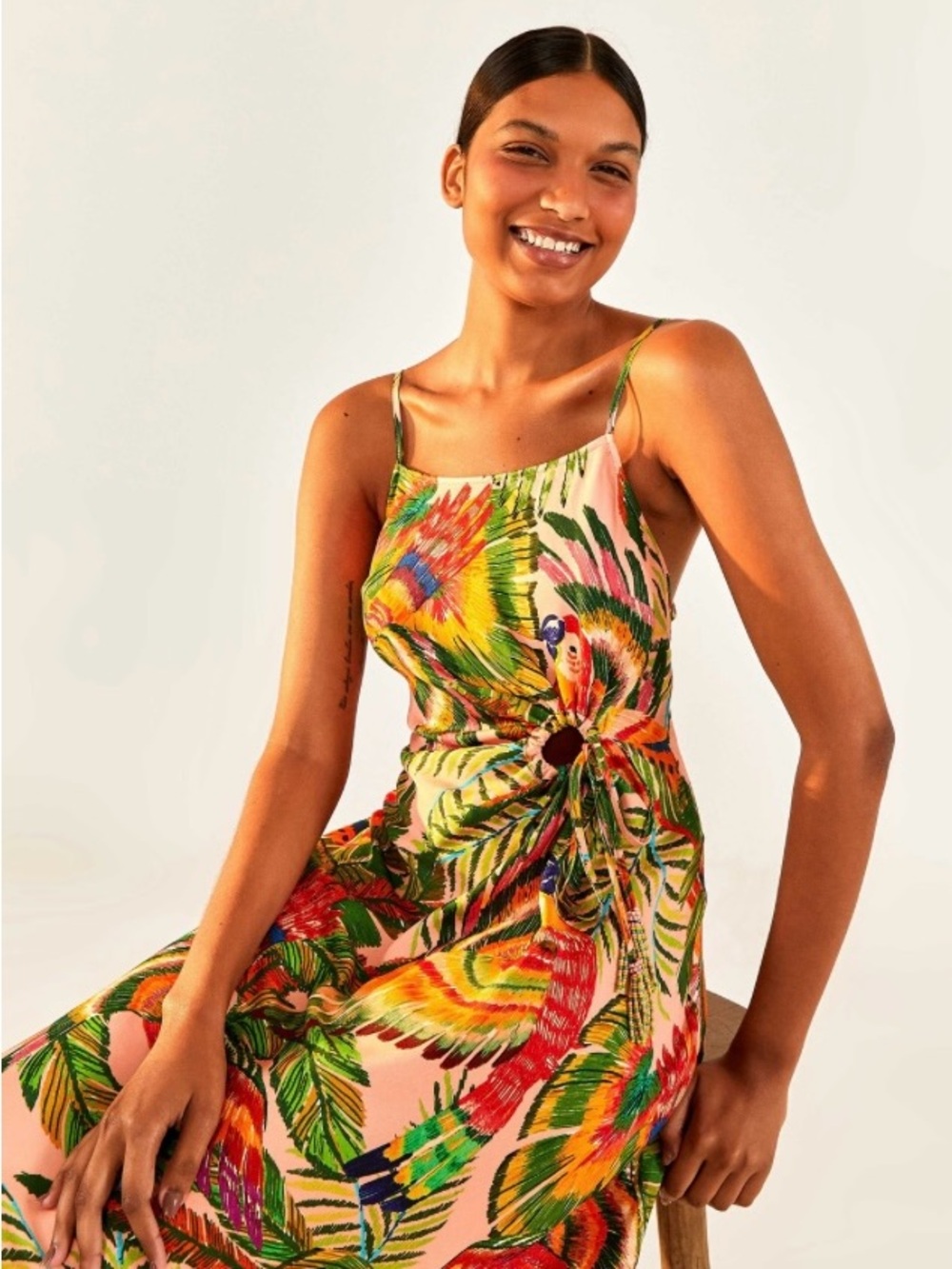 FARM Rio Macaw Leaves Print Tie-Waist Midi Dress, NWT, Size Small - Picture 2 of 9